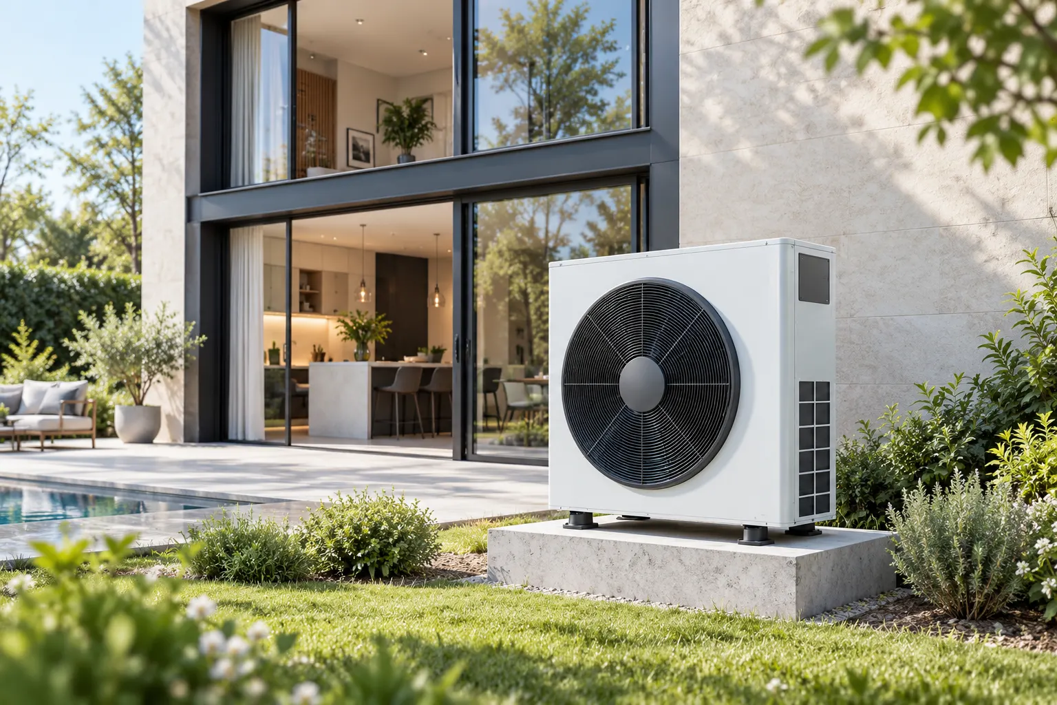 Pompe à chaleur installée devant une maison moderne